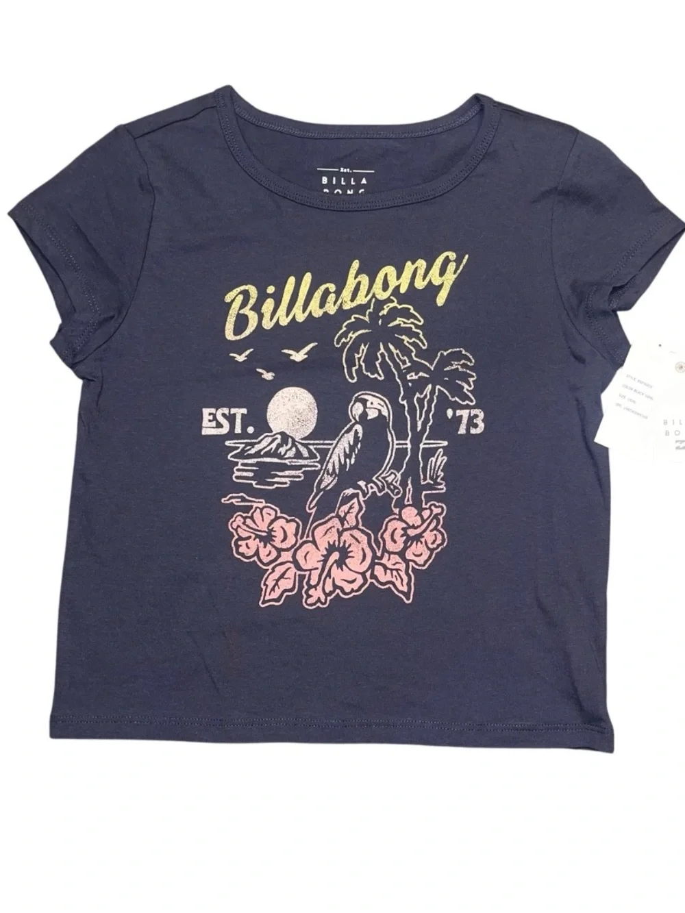 Billabong Black Sands Tee Shirt Surf Sun Beach Fitted Palm Girls Large NWT Bird